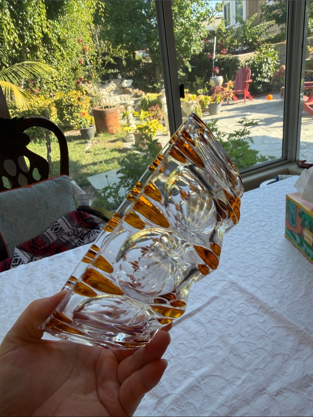8.25” Vintage German Crystal Decorative Bowl with Amber Accents - Picture 6 of 11